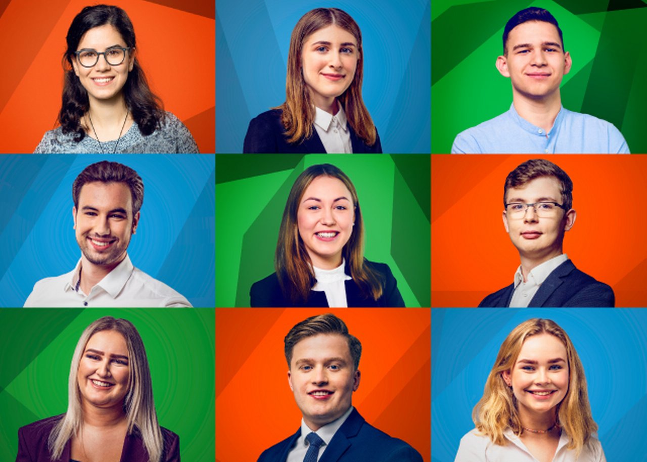 Collage von sechs Auszubildenden vor farbigen Hintergrund