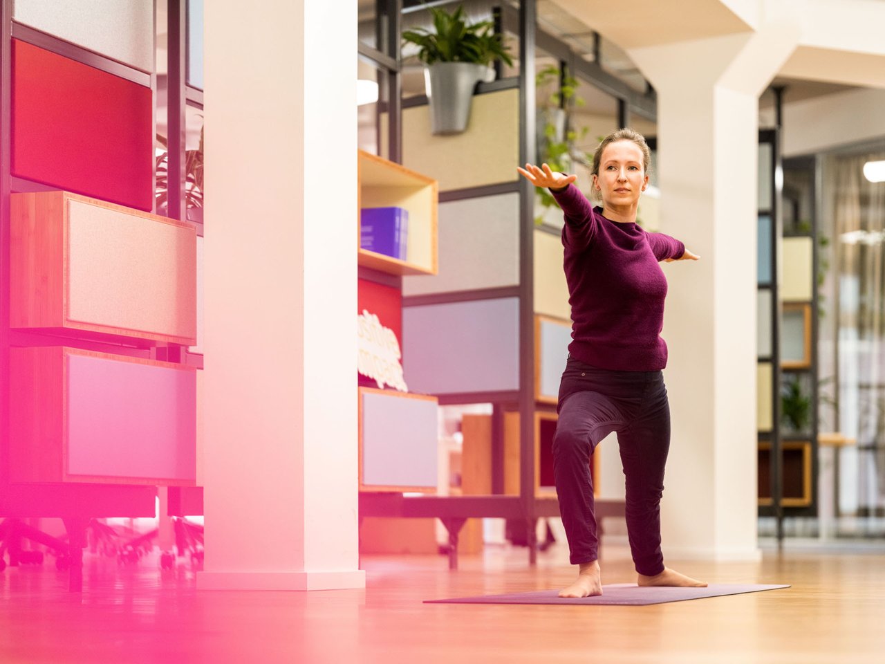 Lady in Office in yoga pose
