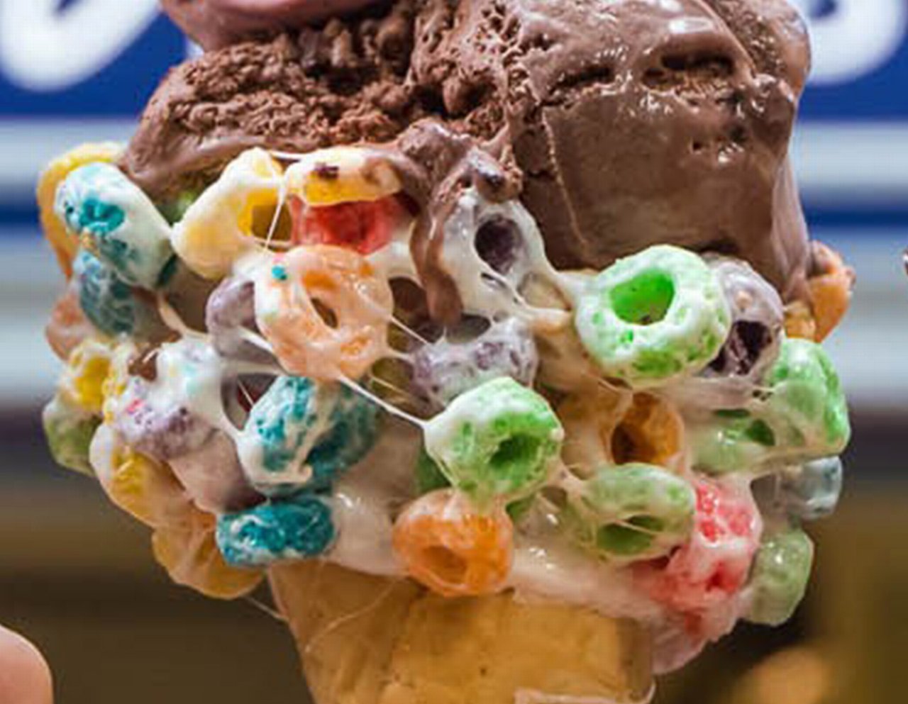 Ice cream on a cone with Froot Loops